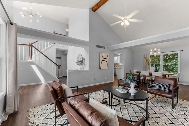 3712 Godfrey Dr, Columbia, MO 65203 - living room featuring a chandelier, beamed ceiling, wood finished floors, high vaulted ceiling, and stairway
