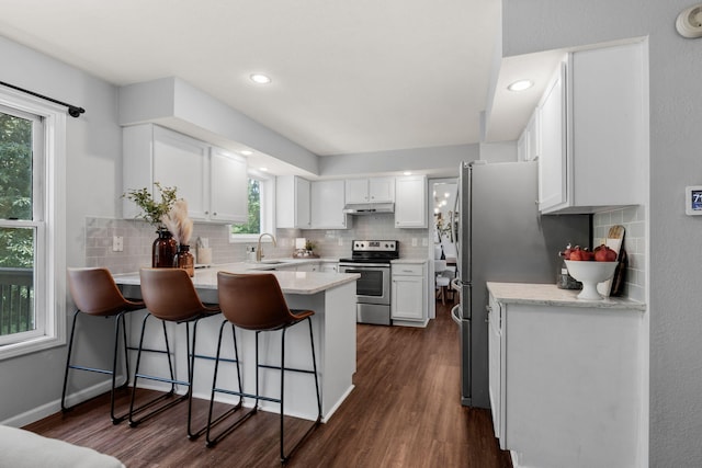 3712 Godfrey Dr, Columbia, MO 65203 - kitchen with stainless steel appliances, a peninsula, white cabinetry, tasteful backsplash, and a breakfast bar area