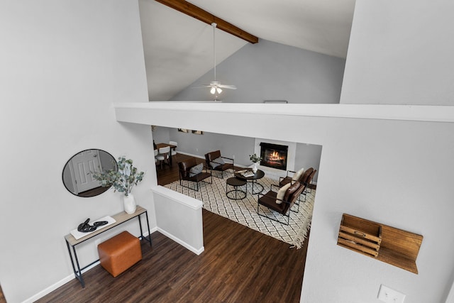 3712 Godfrey Dr, Columbia, MO 65203 - living room with wood finished floors, a glass covered fireplace, and a ceiling fan