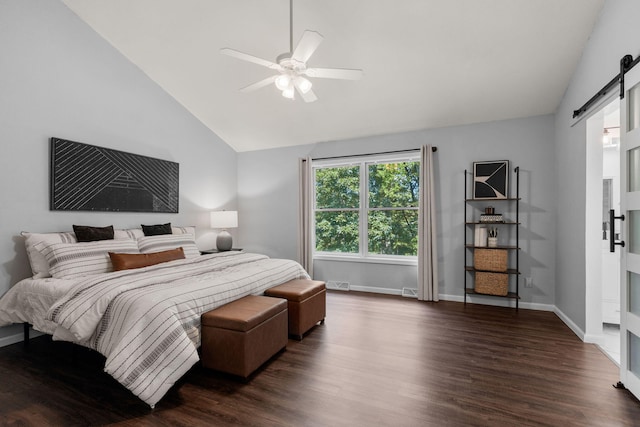 3712 Godfrey Dr, Columbia, MO 65203 - bedroom featuring a barn door, vaulted ceiling, dark wood-type flooring, and ceiling fan