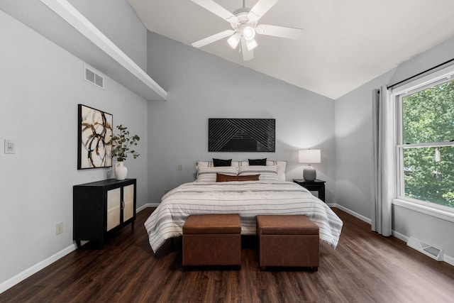 3712 Godfrey Dr, Columbia, MO 65203 - bedroom with dark wood-style flooring, multiple windows, vaulted ceiling, and ceiling fan