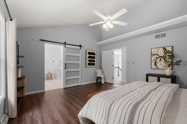 3712 Godfrey Dr, Columbia, MO 65203 - bedroom featuring a barn door, wood finished floors, high vaulted ceiling, ceiling fan, and ensuite bathroom