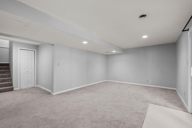 3712 Godfrey Dr, Columbia, MO 65203 - finished basement featuring carpet floors, recessed lighting, and stairway