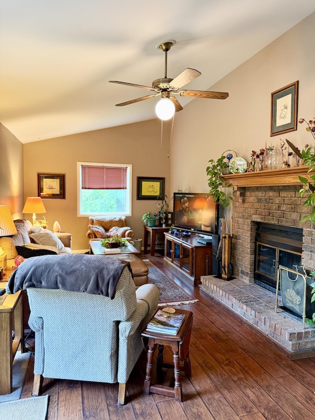 1620 S Berkley Dr, Columbia, MO 65201 - living area with vaulted ceiling, ceiling fan, wood-type flooring, and a fireplace