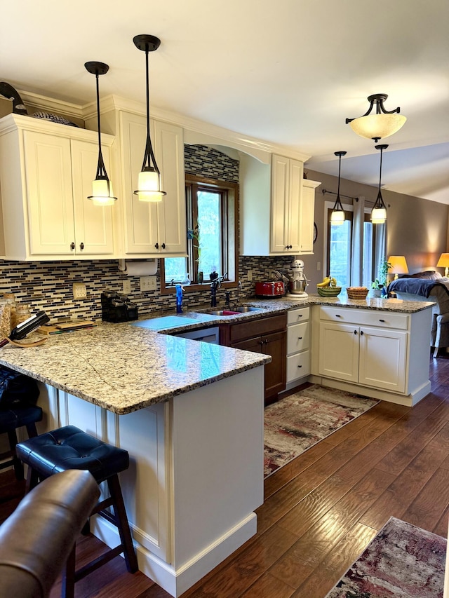 1620 S Berkley Dr, Columbia, MO 65201 - kitchen featuring a peninsula, healthy amount of natural light, dark wood-style flooring, and backsplash