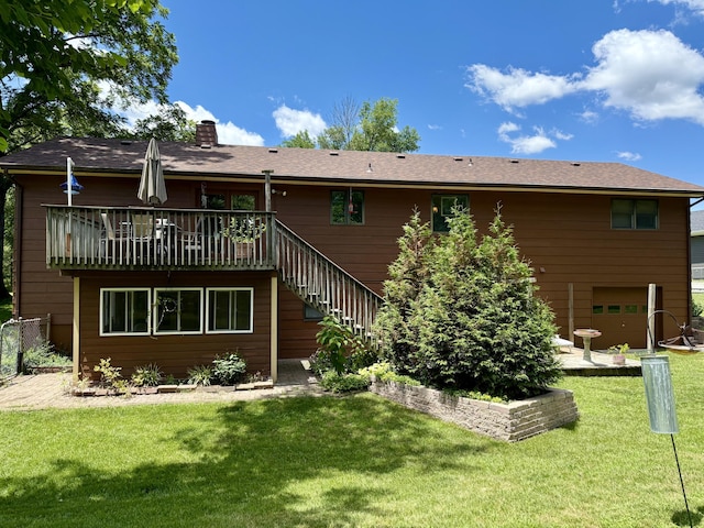 1620 S Berkley Dr, Columbia, MO 65201 - back of house with a chimney, stairs, a lawn, and a deck