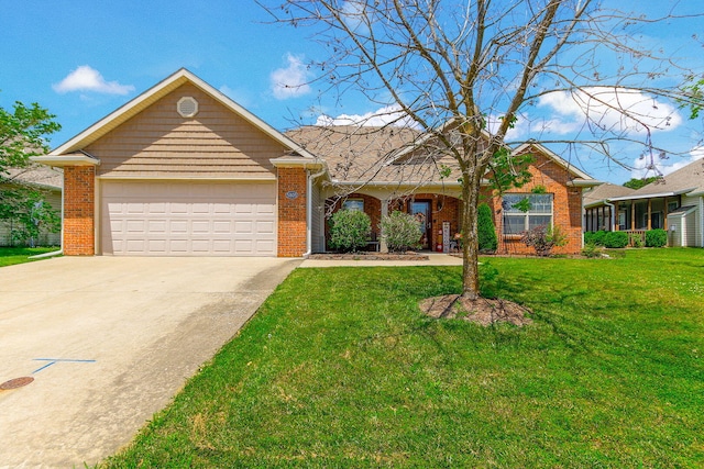 5805 Vero Way, Columbia, MO 65201 - ranch-style home featuring brick siding, concrete driveway, an attached garage, and a front lawn