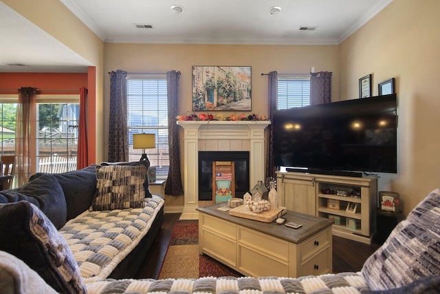 5805 Vero Way, Columbia, MO 65201 - living area with dark wood-style flooring, plenty of natural light, ornamental molding, and a fireplace