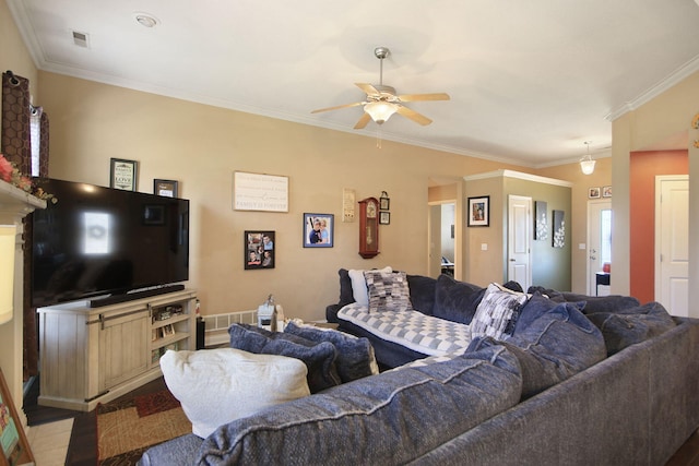 5805 Vero Way, Columbia, MO 65201 - living room with ceiling fan, wood finished floors, and ornamental molding