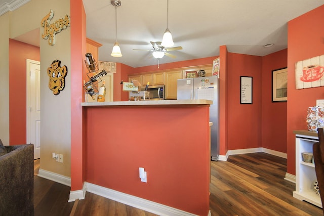 5805 Vero Way, Columbia, MO 65201 - kitchen with appliances with stainless steel finishes, dark wood-style floors, a ceiling fan, a peninsula, and pendant lighting