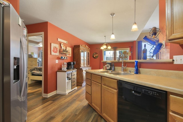 5805 Vero Way, Columbia, MO 65201 - kitchen with dishwasher, stainless steel fridge with ice dispenser, dark wood-style floors, pendant lighting, and light countertops