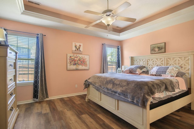 5805 Vero Way, Columbia, MO 65201 - bedroom with a raised ceiling, dark wood finished floors, ceiling fan, and ornamental molding