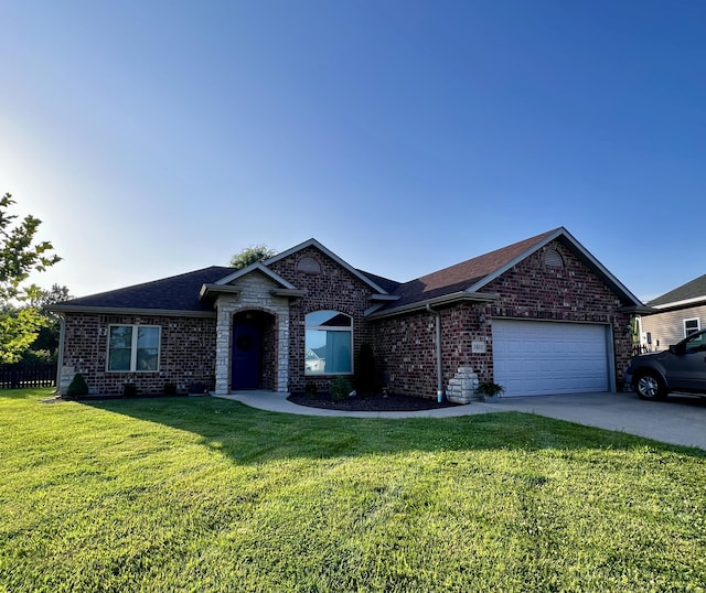 1601 Andretti Cir, Columbia, MO 65201 - single story home featuring brick siding, a front yard, an attached garage, and a shingled roof