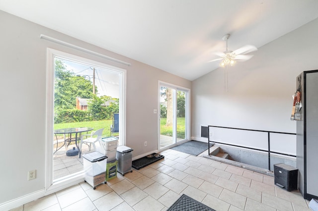 1601 Parklawn Ct, Columbia, MO 65202 - entryway with ceiling fan, lofted ceiling, and light tile patterned floors