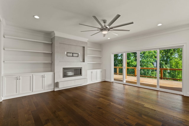 3001 Rivington Dr, Columbia, MO 65203 - unfurnished living room with ceiling fan, a fireplace, ornamental molding, dark wood-style flooring, and recessed lighting