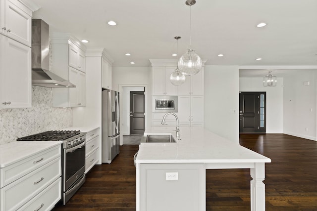 3001 Rivington Dr, Columbia, MO 65203 - kitchen featuring wall chimney exhaust hood, stainless steel appliances, recessed lighting, tasteful backsplash, and dark wood-style floors