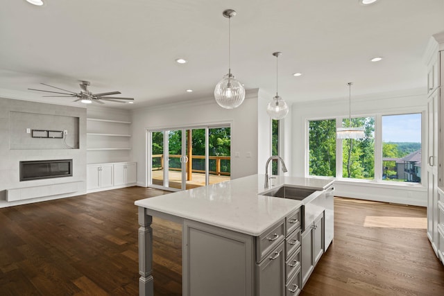 3001 Rivington Dr, Columbia, MO 65203 - kitchen featuring gray cabinetry, ornamental molding, dark wood-style flooring, open floor plan, and a large fireplace