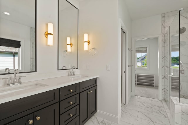 3001 Rivington Dr, Columbia, MO 65203 - bathroom with marble look tile flooring, healthy amount of natural light, double vanity, and a marble finish shower