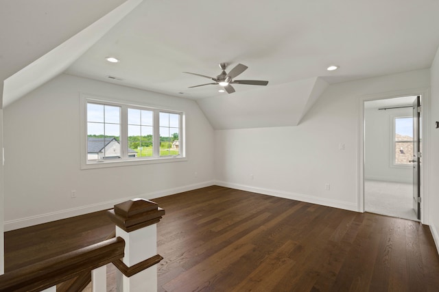 3001 Rivington Dr, Columbia, MO 65203 - bonus room with vaulted ceiling, ceiling fan, dark wood finished floors, and recessed lighting