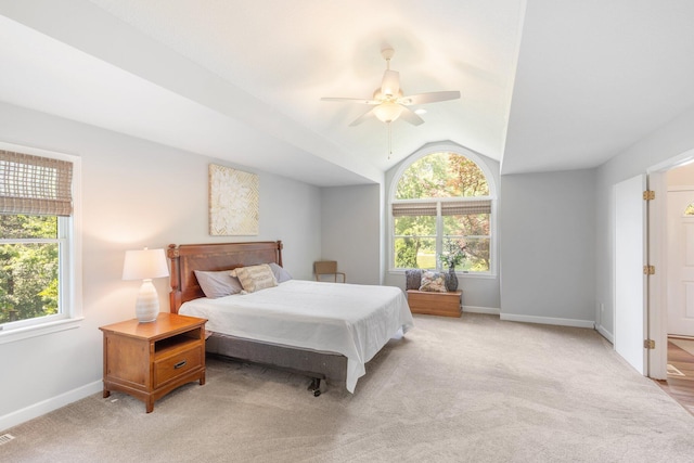 10550 E David Allen Rd, Columbia, MO 65201 - bedroom featuring vaulted ceiling, light carpet, and ceiling fan