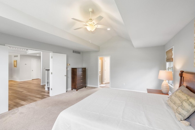 10550 E David Allen Rd, Columbia, MO 65201 - bedroom with light carpet, vaulted ceiling, and ceiling fan