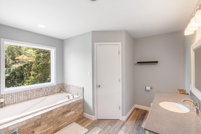 10550 E David Allen Rd, Columbia, MO 65201 - bathroom featuring a garden tub, vanity, and wood finished floors