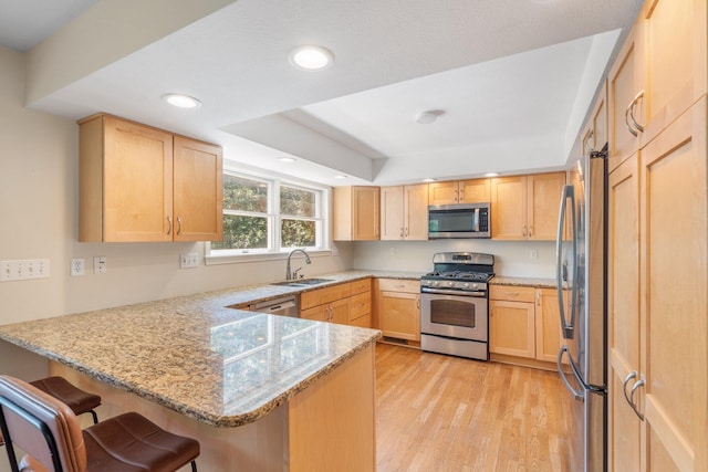 10550 E David Allen Rd, Columbia, MO 65201 - kitchen with stainless steel appliances, a peninsula, light brown cabinets, recessed lighting, and light wood-style flooring