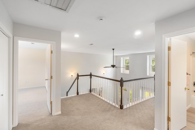 10550 E David Allen Rd, Columbia, MO 65201 - hall featuring an upstairs landing, carpet flooring, and recessed lighting