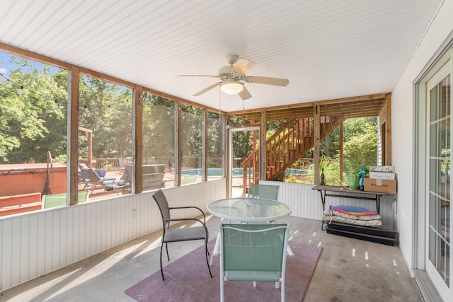 10550 E David Allen Rd, Columbia, MO 65201 - sunroom with a ceiling fan and outdoor dining space