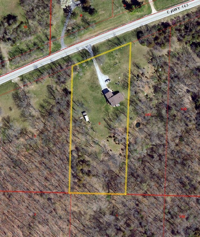 2130 E 163, Columbia, MO 65201 - aerial map of property and surrounding area with property boundaries highlighted