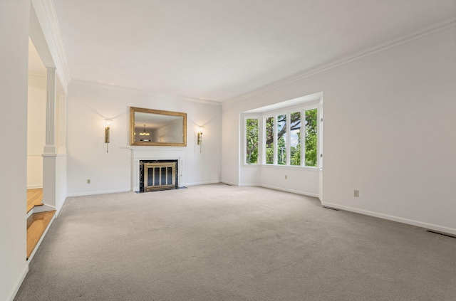 450 W Covered Bridge Rd, Columbia, MO 65203 - unfurnished living room with ornamental molding, a fireplace with flush hearth, and carpet floors