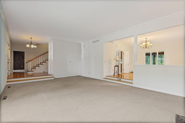450 W Covered Bridge Rd, Columbia, MO 65203 - unfurnished living room featuring a chandelier, carpet floors, crown molding, and stairway