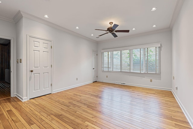 450 W Covered Bridge Rd, Columbia, MO 65203 - spare room featuring light wood-type flooring, ornamental molding, ceiling fan, and recessed lighting