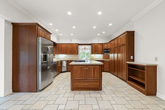 450 W Covered Bridge Rd, Columbia, MO 65203 - kitchen with appliances with stainless steel finishes, light countertops, a kitchen island, crown molding, and open shelves