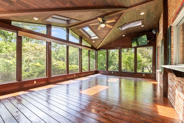 450 W Covered Bridge Rd, Columbia, MO 65203 - unfurnished sunroom with a skylight, hardwood / wood-style flooring, wood ceiling, and a deck