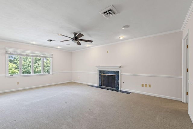 450 W Covered Bridge Rd, Columbia, MO 65203 - unfurnished living room with ceiling fan, a premium fireplace, carpet, crown molding, and recessed lighting