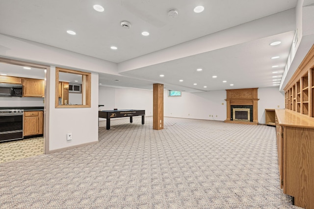 450 W Covered Bridge Rd, Columbia, MO 65203 - finished basement featuring light colored carpet, billiards, recessed lighting, and a large fireplace
