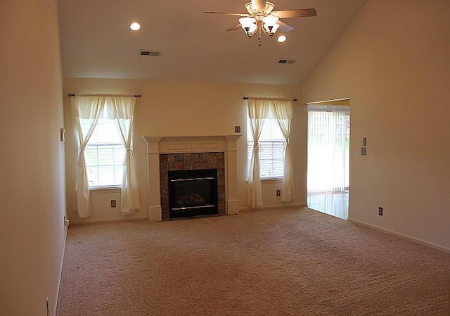 3107 Lake Town Dr, Columbia, MO 65203 - unfurnished living room with ceiling fan, carpet flooring, a fireplace, vaulted ceiling, and recessed lighting