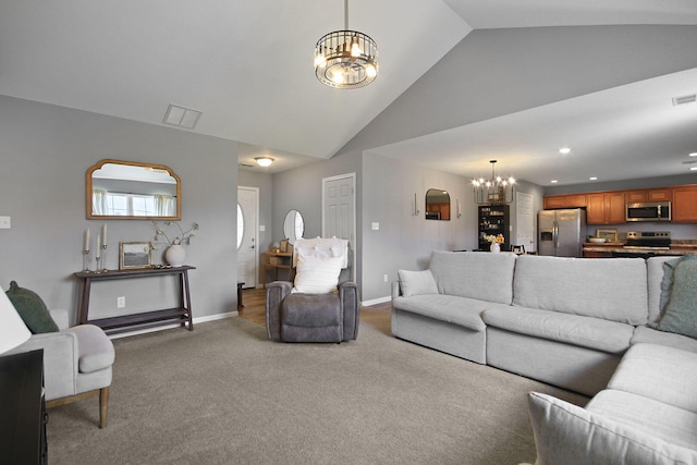 925 Kelli Ct, Centralia, MO 65240 - living area featuring a chandelier, light colored carpet, high vaulted ceiling, and recessed lighting