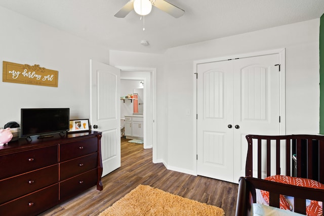 506 Addie Ln, Centralia, MO 65240 - bedroom with dark wood finished floors, a closet, and ceiling fan