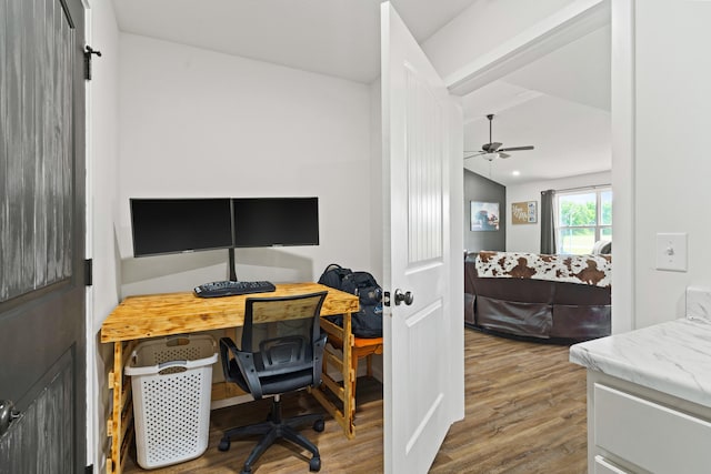 506 Addie Ln, Centralia, MO 65240 - office featuring wood finished floors, ceiling fan, and lofted ceiling