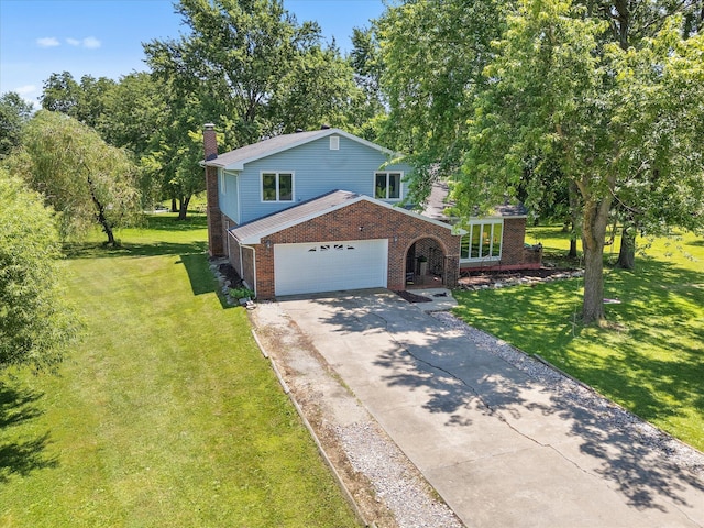 133 Manview Ln, Holts Summit, MO 65043 - view of front of house featuring driveway, a chimney, brick siding, a garage, and a front lawn