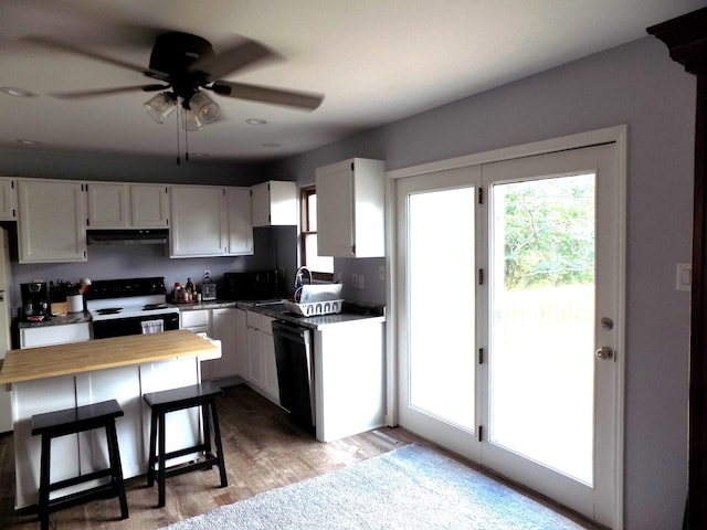 1008 Fairview St, Centralia, MO 65240 - kitchen with range with electric cooktop, a ceiling fan, light wood-style flooring, dishwasher, and white cabinets