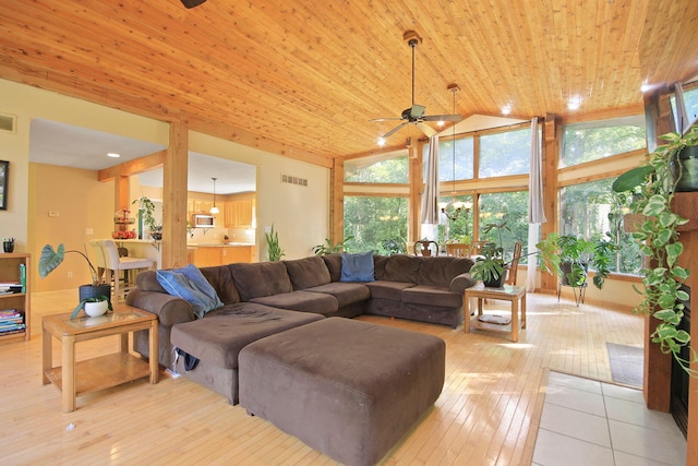 4241 E Ketterer Rd, Columbia, MO 65202 - living room featuring wooden ceiling, a ceiling fan, light wood-type flooring, and high vaulted ceiling