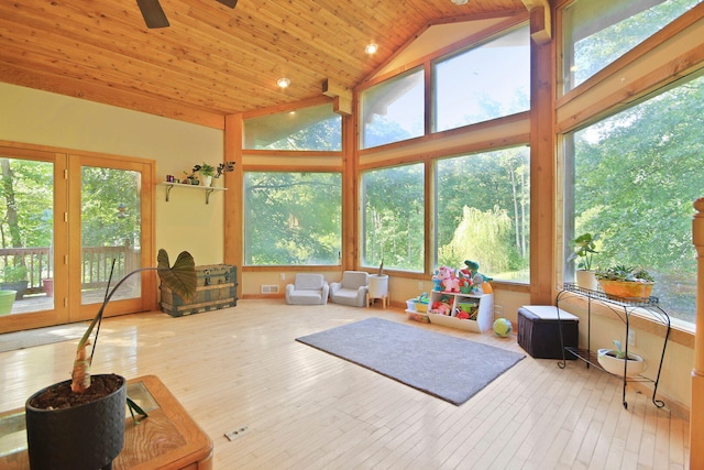 4241 E Ketterer Rd, Columbia, MO 65202 - sunroom featuring wood ceiling, a deck, wood-type flooring, high vaulted ceiling, and french doors