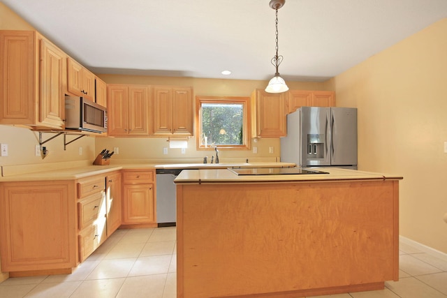 4241 E Ketterer Rd, Columbia, MO 65202 - kitchen with a center island, light tile patterned floors, stainless steel appliances, light brown cabinets, and decorative light fixtures