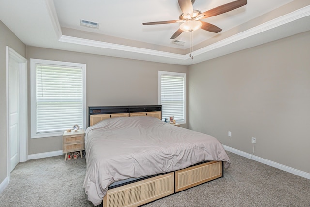 2905 N N Garth Ave, Columbia, MO 65202 - bedroom with a tray ceiling, carpet floors, ornamental molding, and ceiling fan