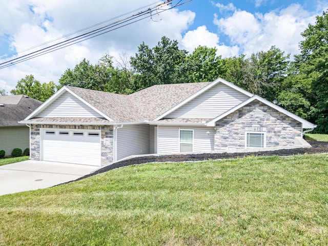 2905 N N Garth Ave, Columbia, MO 65202 - view of front facade with stone siding, an attached garage, a front lawn, driveway, and a shingled roof