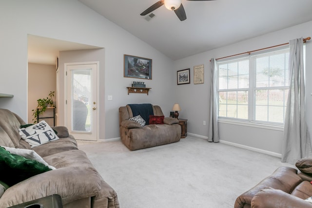 1703 Osage Dr, Columbia, MO 65202 - living area with ceiling fan, vaulted ceiling, and carpet flooring