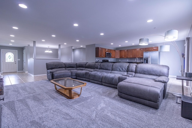 7700 N Ballew Rd, Hallsville, MO 65255 - living room featuring light tile patterned flooring, recessed lighting, and light carpet